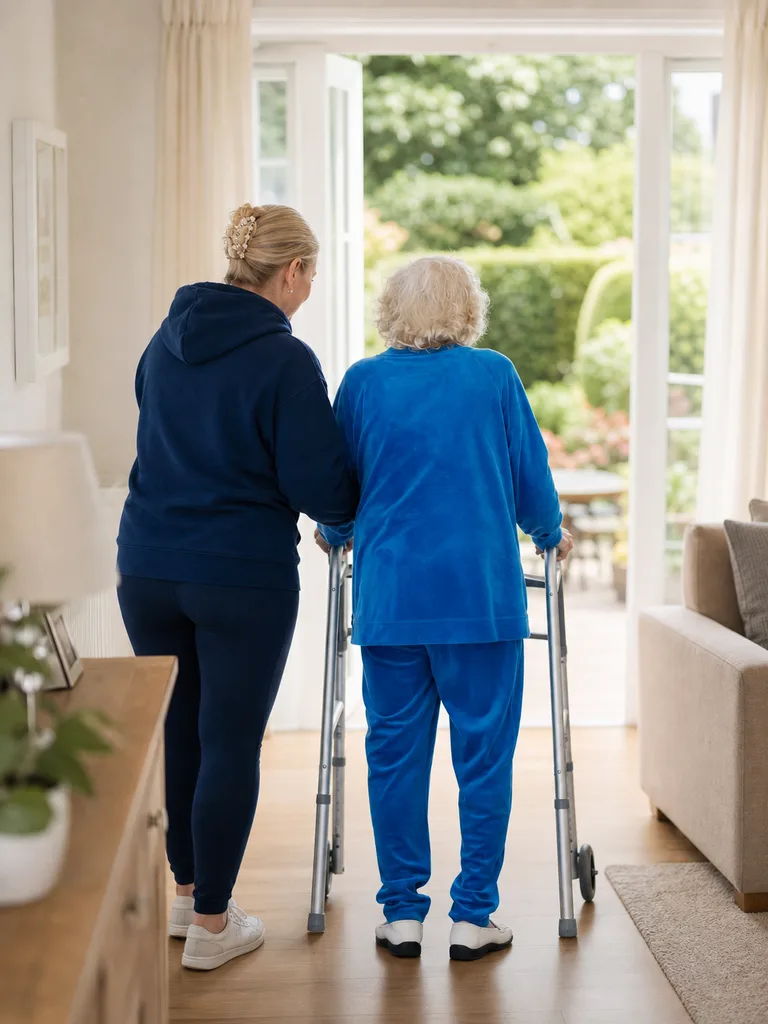 A carer supporting an older woman using a walking frame at home
