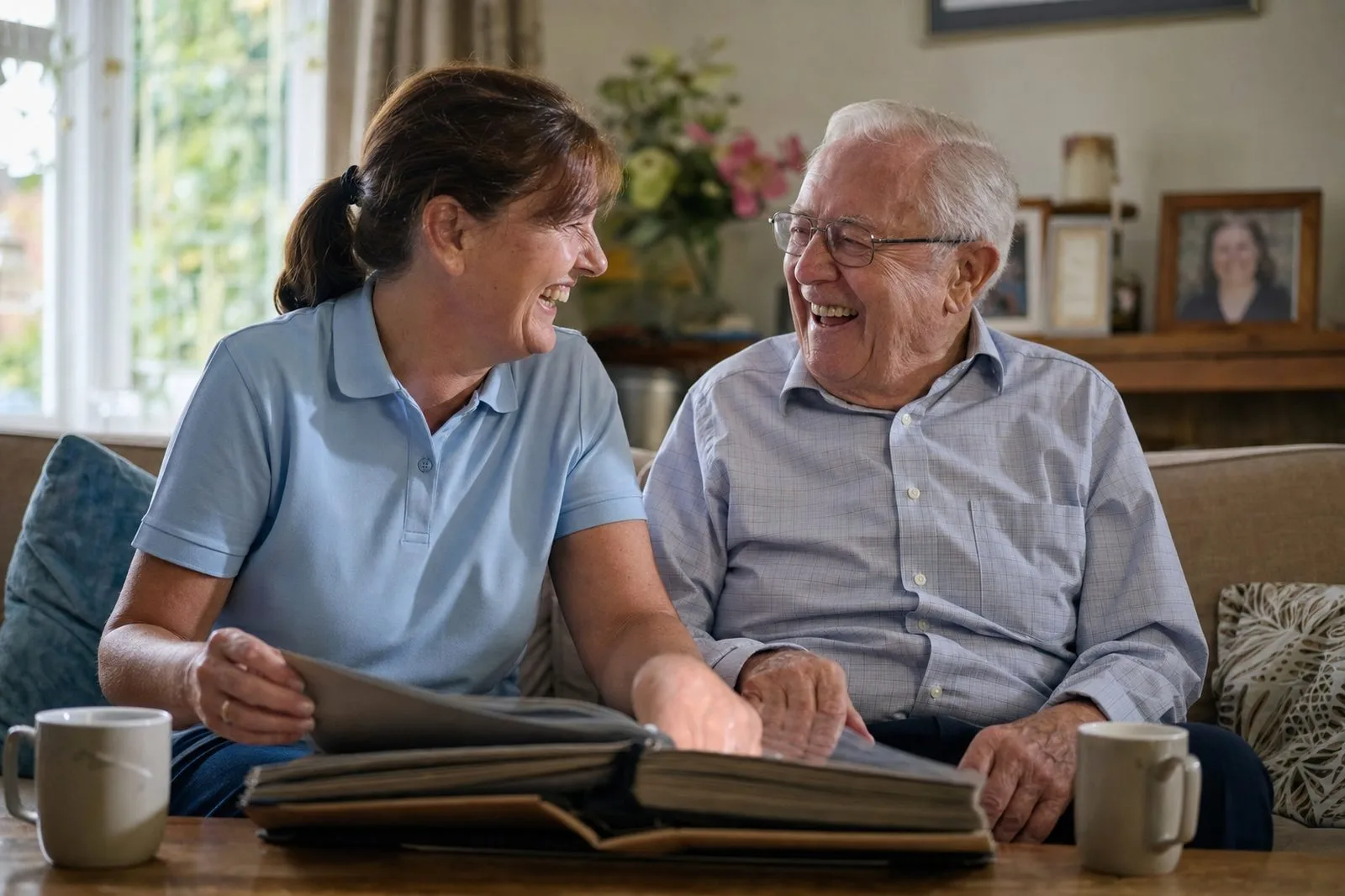 A home care worker and an older man laughing together over a photo album