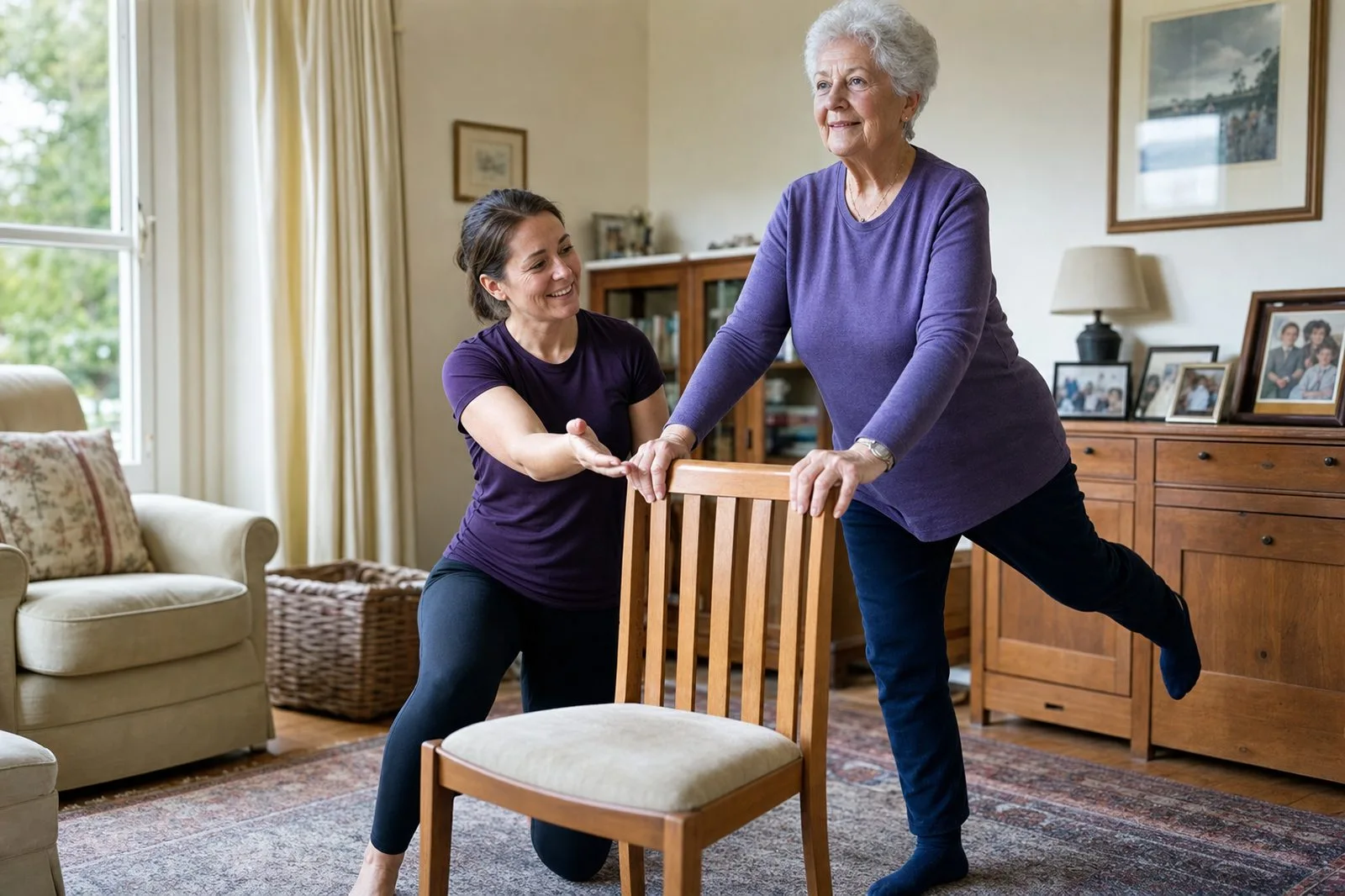 A trained carer guiding an older woman through a balance exercise in her own home