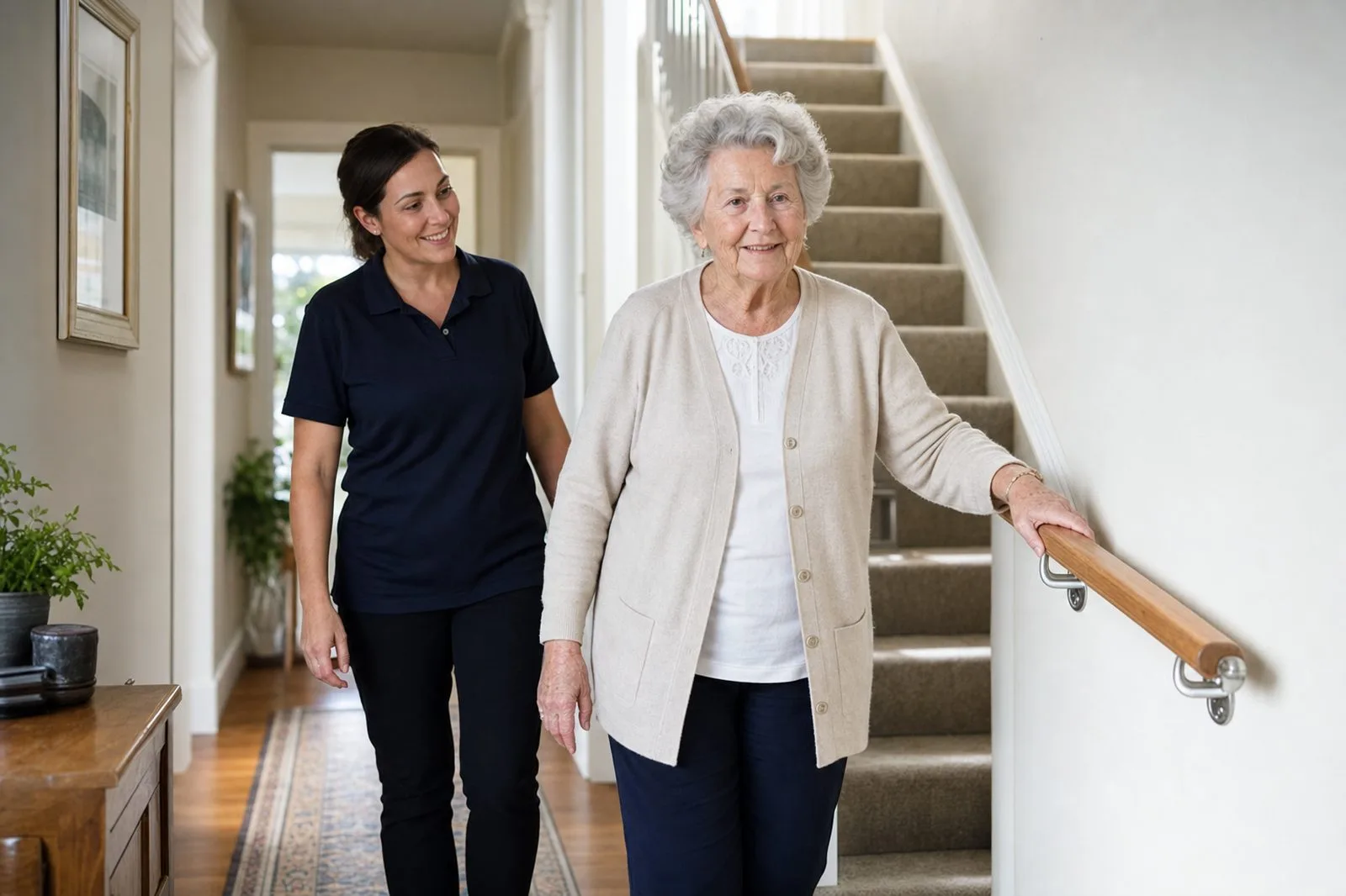 An older woman walking confidently along her hallway using a newly fitted grab rail, with a carer nearby