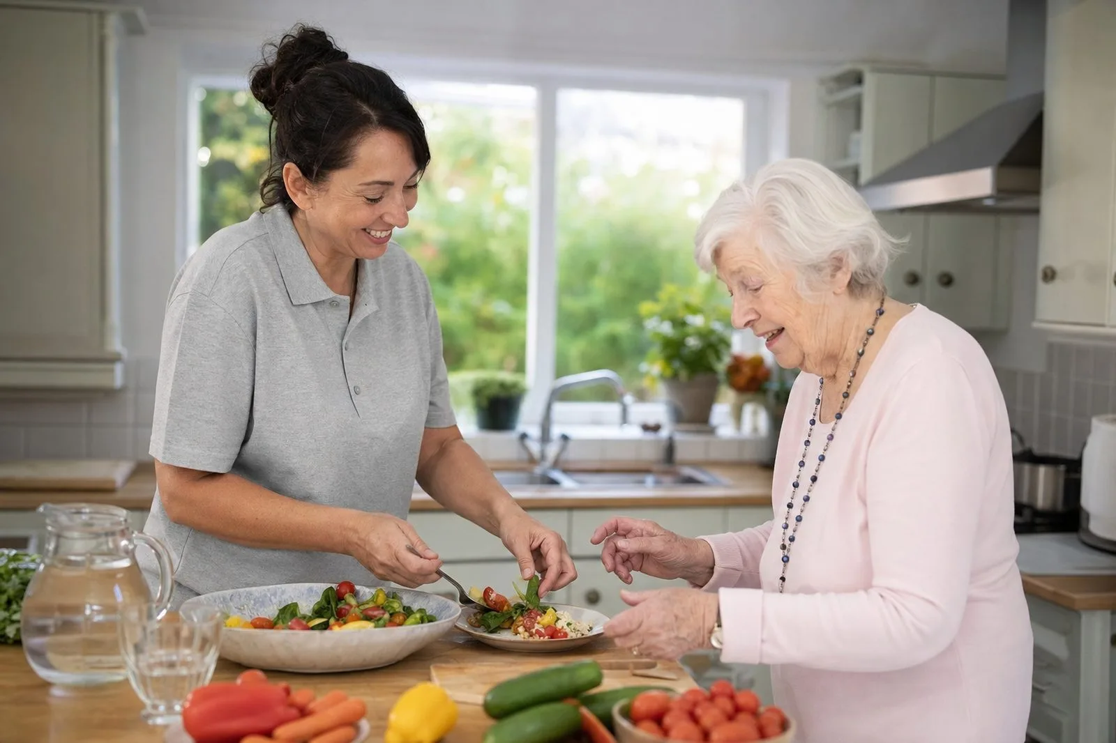 A carer and an older woman preparing a healthy lunch together at a bright kitchen worktop