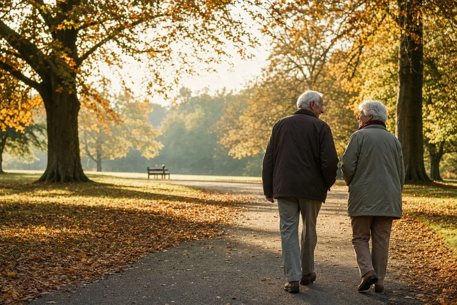 Two older people walking together along a park path on a bright autumn morning