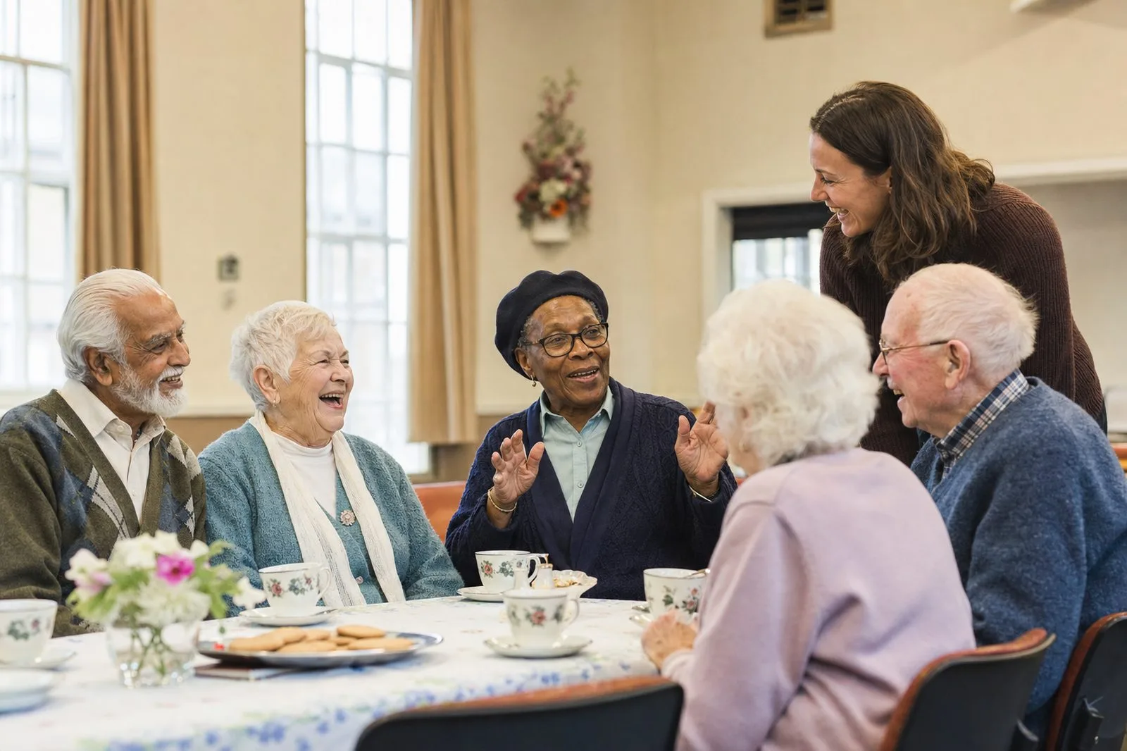 A group of older adults laughing together over tea in a bright village hall