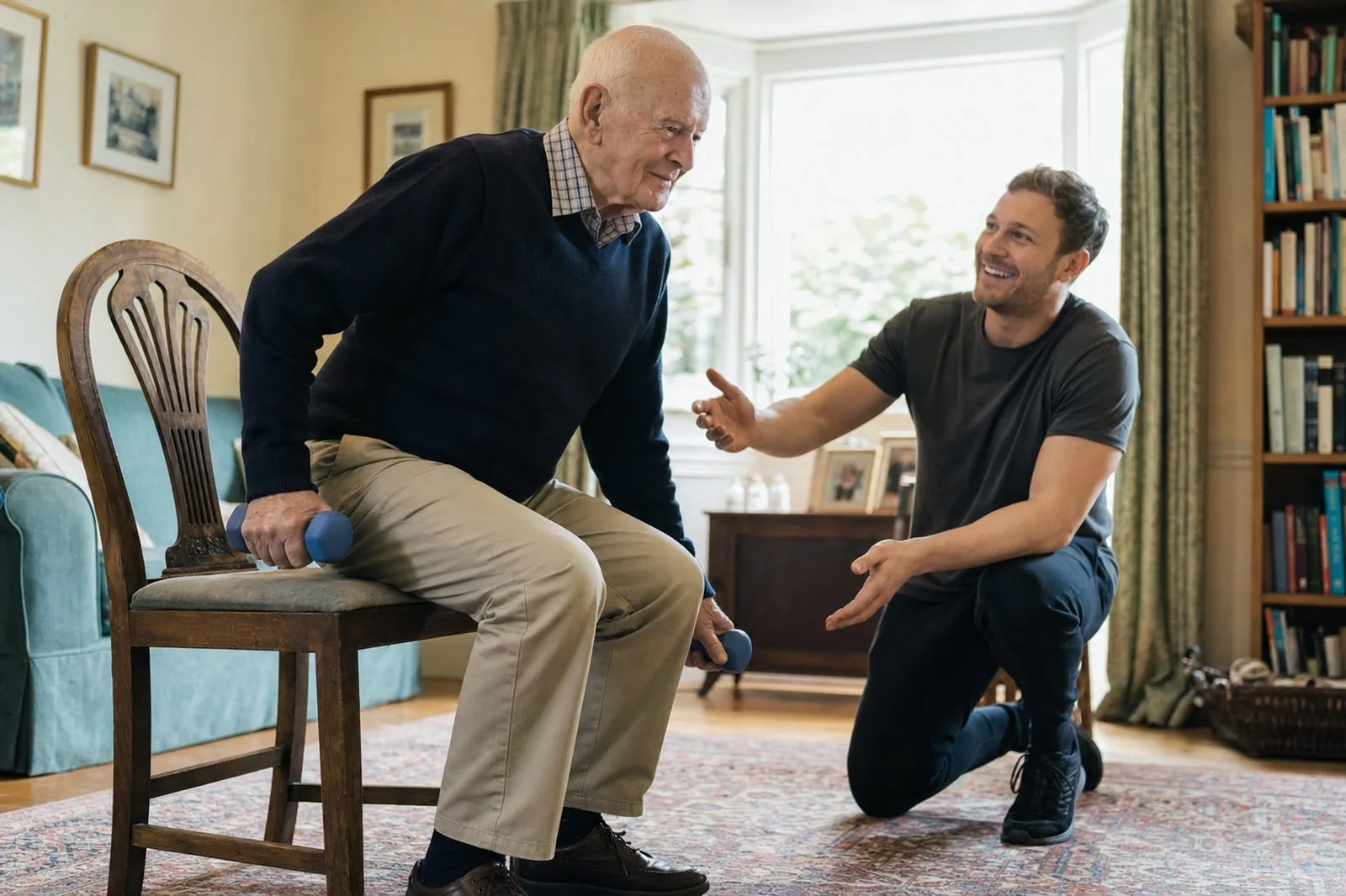 A trained carer supporting an older man through a strength exercise in his living room