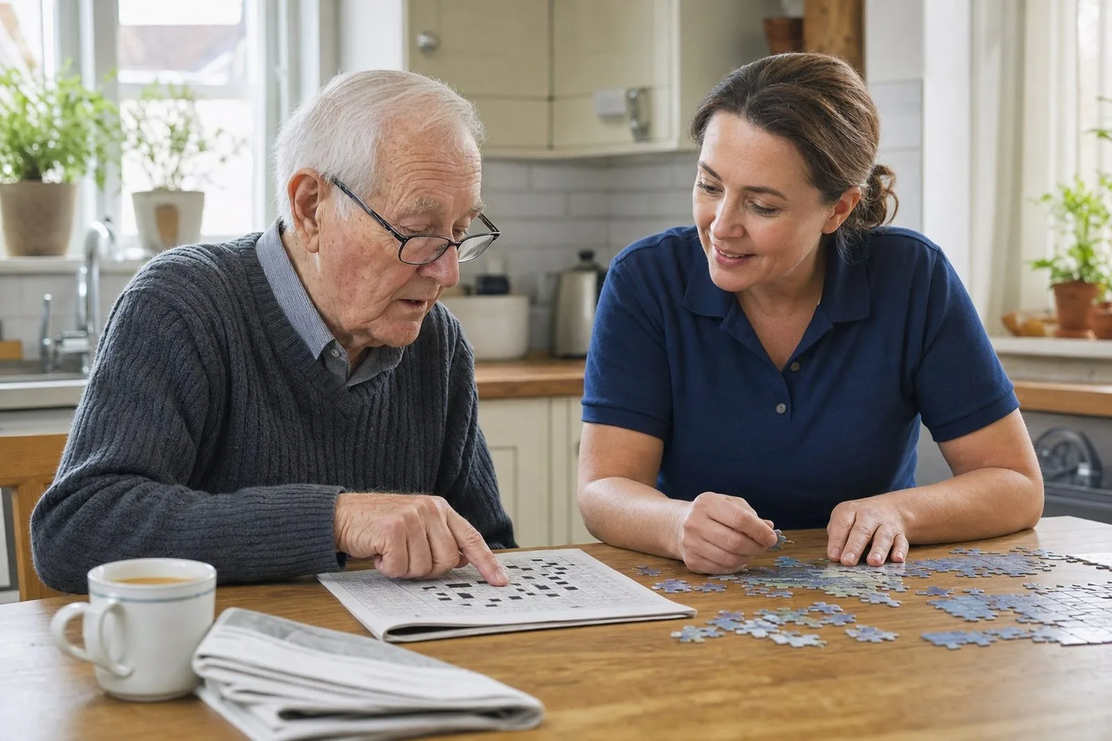 An older man and a carer doing a crossword and a jigsaw together at a kitchen table